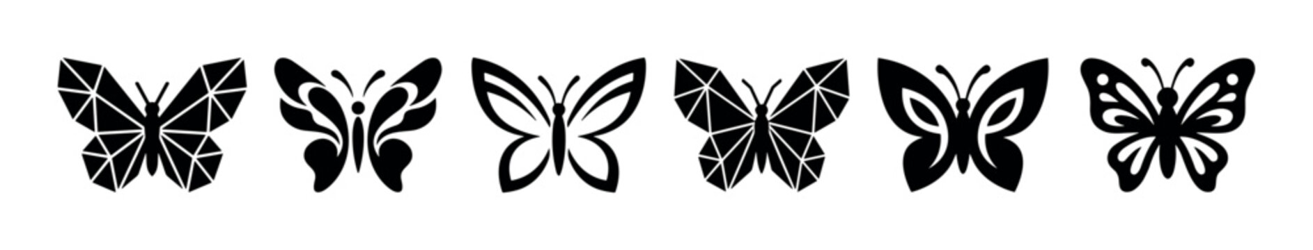Collection of six black butterfly silhouettes in various artistic styles, including geometric low poly and decorative tribal designs, presented as a set of elegant insect icons