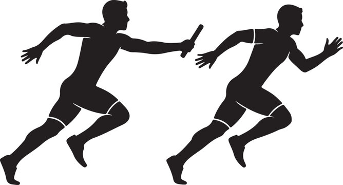 Two male relay race runners passing the baton in a fast sprint motion silhouette illustration for sports competition event silhouette vector