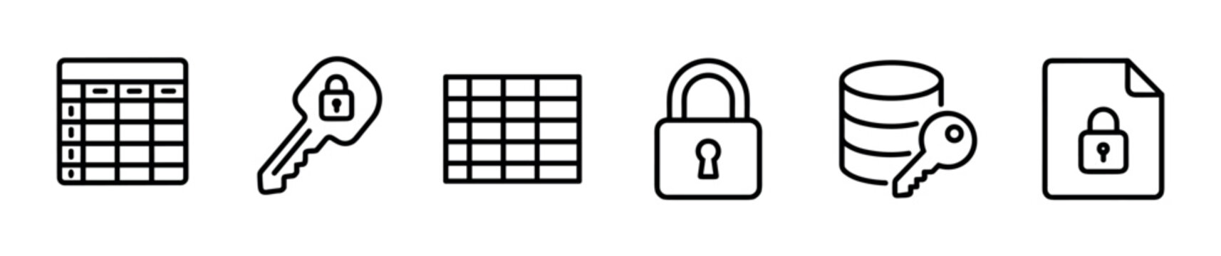 Set of black line icons representing data security, encryption, database protection, and secure file access with minimalist symbols like a padlock, key, and table