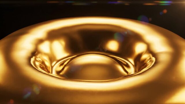 A mesmerizing, reflective, liquid gold surface curves inward, creating a captivating concave shape that shimmers with dramatic lighting and subtle lens flares, suggesting abstract concepts
