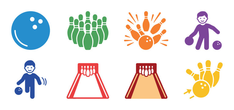 Set of colorful bowling icons showing a ball, pins, a player, and a lane in a flat vector style for sport and recreation concepts, representing a game and a strike