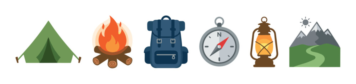 Set of colorful camping and hiking icons including a tent, campfire, backpack, compass, lantern, and mountain landscape, representing outdoor adventure and travel in a flat design style