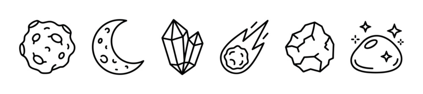 Set of hand-drawn celestial doodle icons featuring a planet, crescent moon, crystals, comet, and asteroids illustrated in a simple black and white minimalist line art style