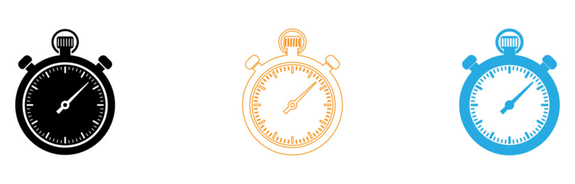 Three stylish stopwatch icons in different colors isolated on transparent background, Vector