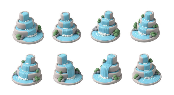 3d rendered illustration of stylized miniature waterfalls with trees rocks and blue water against a white background design concept