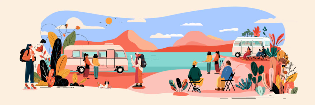 Travel adventure van life people enjoying nature landscape with mountains lake campers hiking relaxing colorful plants outdoor scene website banner