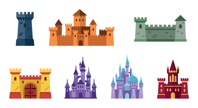 Set of colorful cartoon castle illustrations featuring various medieval and fairytale architectural styles with towers, turrets, and fortresses for a fantasy or historical theme