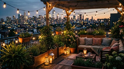 Obraz premium Rooftop terrace lit for evening with city skyline view