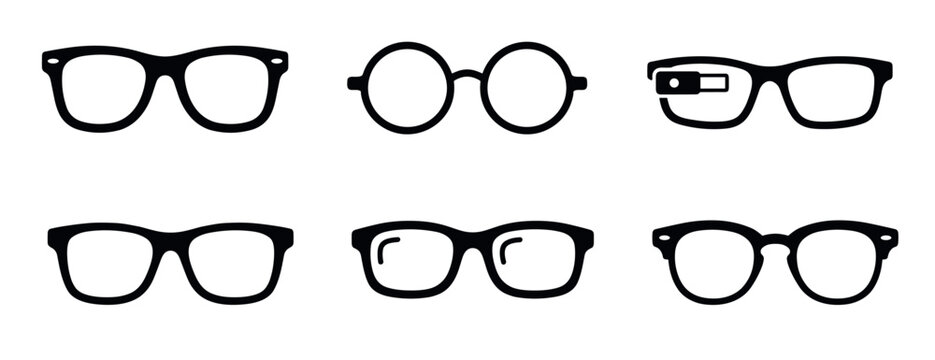 Set of six black eyeglass icons showing different frame styles including classic, round, and modern smart glasses in a simple minimalist graphic design collection