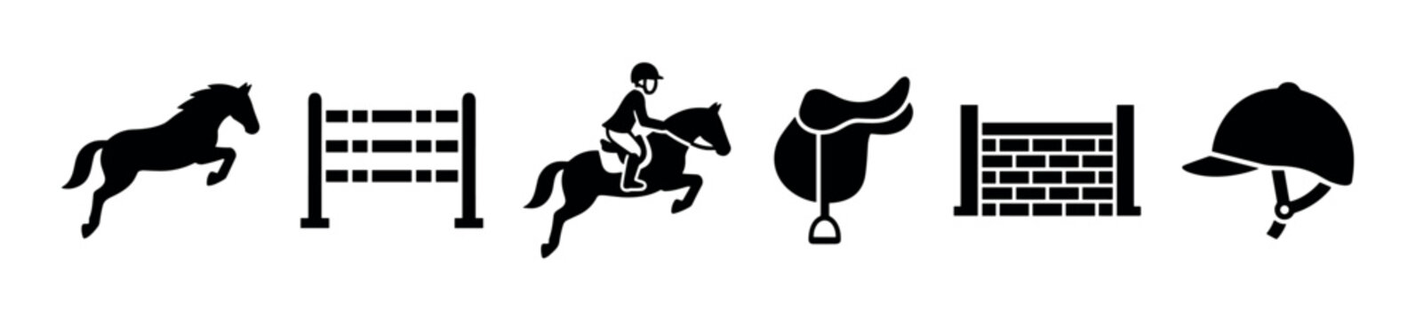 Set of black equestrian sport icons showing a jumping horse, rider, saddle, helmet, and fences for show jumping competition in a minimalist flat silhouette style