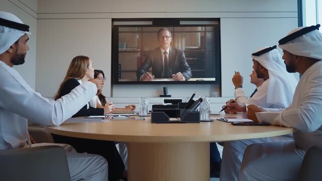 Corporate business event with emirati and western business people business professionals and arab executives discussing ideas and strategy in a modern office boardroom on a video call with partners.