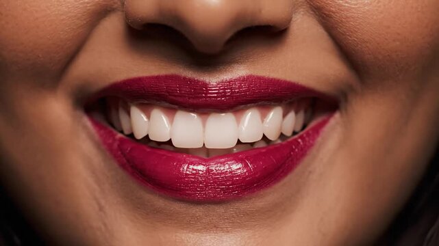 Detailed macro close-up of a woman smiling with glossy dark red lipstick, showcasing straight white teeth, skin texture, and part of the nose under studio lighting.