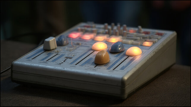 Worn audio mixer with glowing fader caps and illuminated buttons on tabletop, moody warm light and shallow focus