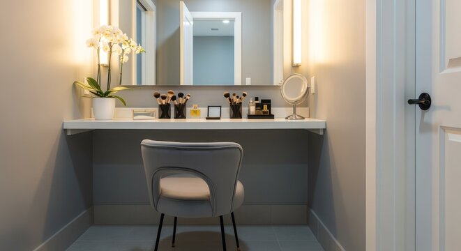 Vanity station features a clean white surface with organized makeup brushes and a modern chair, creating a functional beauty area for daily self-care routines within a contemporary home environment.