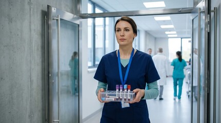 Fototapeta premium Nurse carries a tray of blood test vials through a busy hospital corridor while walking past colleagues working in the background.