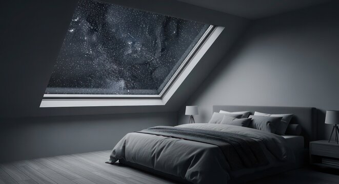 Attic bedroom showcasing a large skylight that offers a dramatic view of the starry night sky above a minimalist grey bed frame for a relaxing atmosphere.