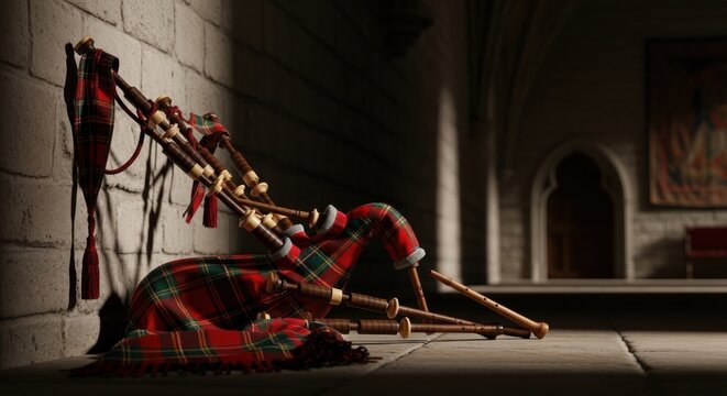 Elegant Scottish Bagpipes with Red Green Tartan Bag and Wooden Drone Pipes Resting on Stone