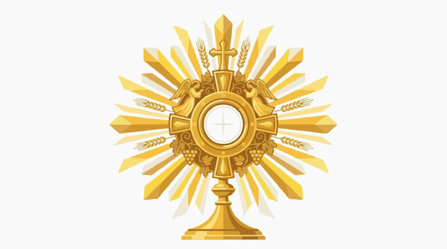 A golden monstrance with a cross and wheat on a white background