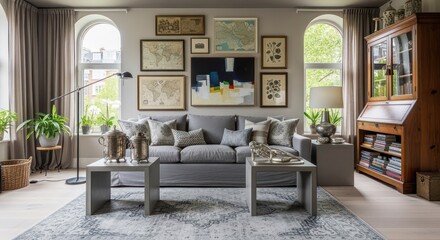 Fototapeta premium Living room displays a classic sofa arranged with a gallery wall of framed vintage maps and wooden furniture to evoke a sense of timeless travel nostalgia.