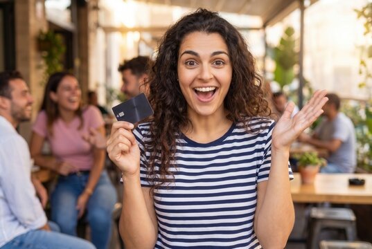 Excited woman holding a credit card and smiling brightly while shopping or dining out