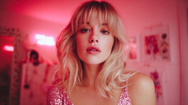Young woman with blonde hair and bangs wearing a sparkly pink top in neon pink lighting