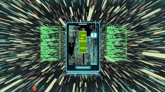 A highly futuristic display of digital technology. In the center is the silhouette of a smartphone covered in rows of neon green and blue coding that constantly move.