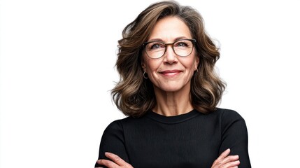 Obraz premium Confident middle-aged woman with glasses and arms crossed, smiling warmly against a white background