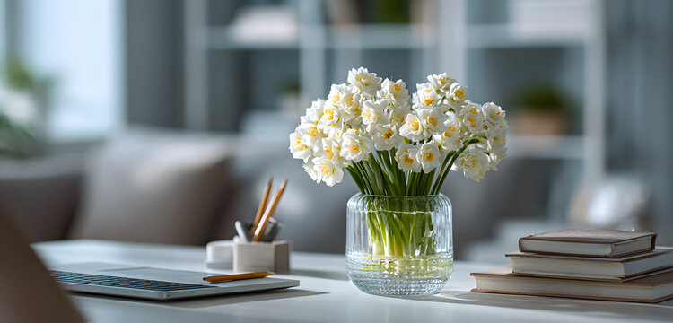 The minimalist setup of the home office includes fresh spring flowers in a glass vase, books, pencils, and a laptop on a clean table with decor. The interior of the room is bright and receives natural