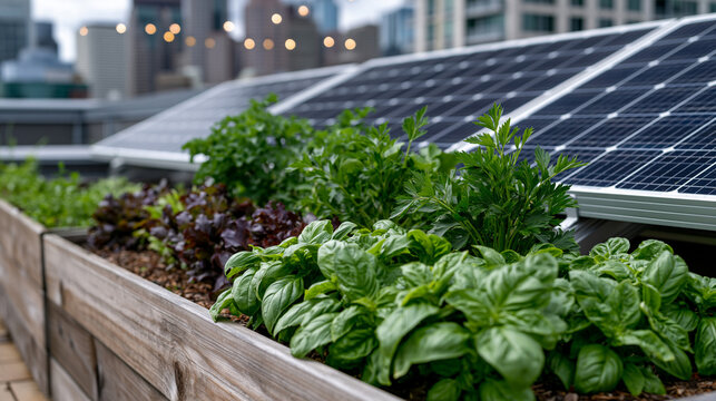 Rooftop community garden on urban apartment building featuring raised vegetable beds alongside newly installed solar panels, city skyline visible beyond parapet wall, ideal for urban sustainability,