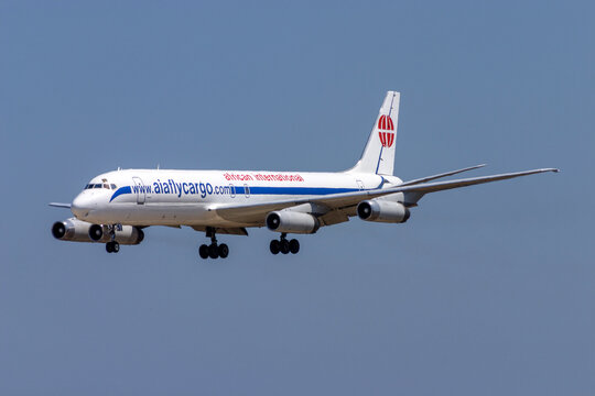 Luqa, Malta - August 25, 2007: African International Airways McDonnell Douglas DC-8-62H(F) (REG: ZS-OSI) landing runway 32 in the midday scorching heat.
