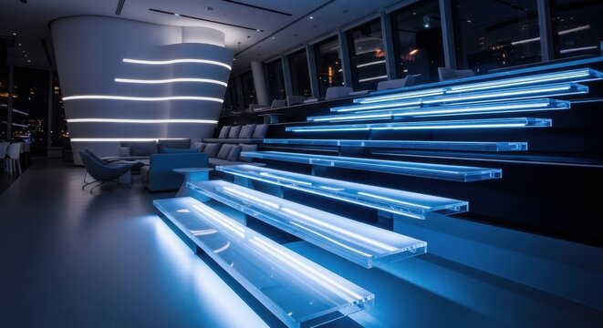 Modern illuminated acrylic floating stairs with futuristic blue lighting in a contemporary interior space