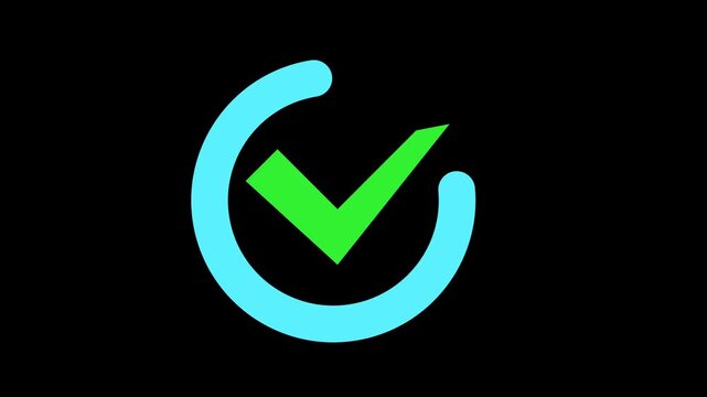 Animated green checkmark and blue circular loading progress icon, checkmark animation symbol, yes approve choice, approved tick mark, verified symbol, yes icon, check mark flat style.