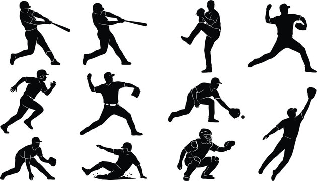 Baseball and Softball Player Silhouette Collection Featuring Pitching Batting Catching and Running Sports Action Poses Vector Design