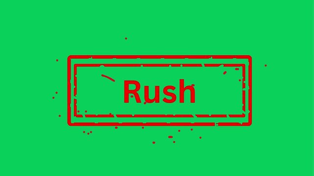 Red text 'Rush' over green background with small stamp-like 'Rush' buttons