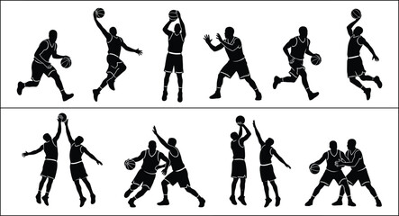 Basketball Player Silhouettes Featuring Dribbling Shooting Dunking and Defensive Sports Action Poses Vector Illustration Collection © Mukti