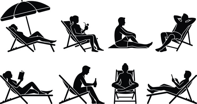 Beach Relaxation Silhouettes Collection Featuring People Lounging Reading Meditating and отдыха on Chairs in Summer Vacation Lifestyle Scenes