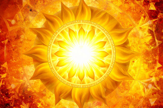 Orange Solar Plexus Chakra represented as Golden sunburst mandala with radiating petals
