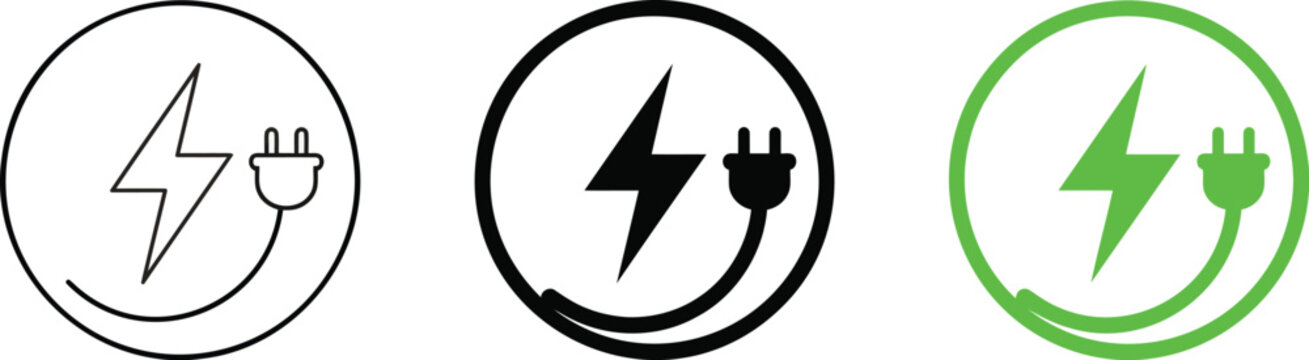 Lightning bolt and power plug icon, electricity symbol in outline, solid, and green versions.