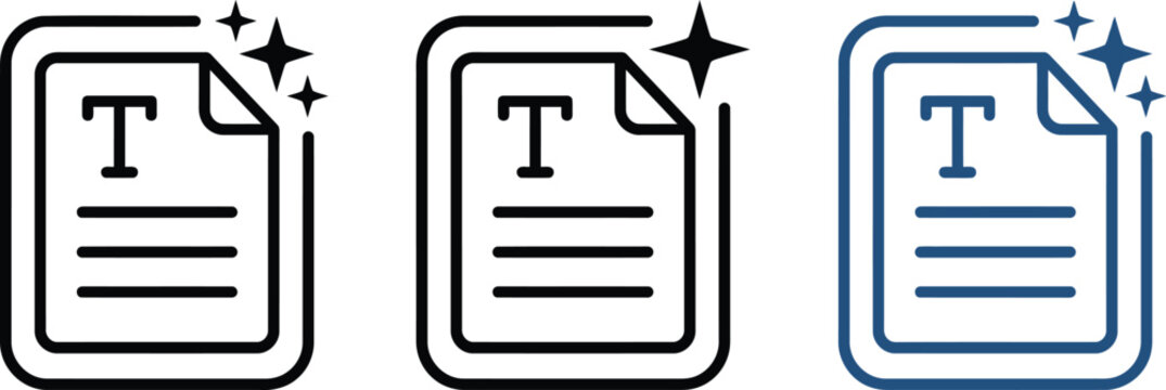 Document and text file icons with sparkles in outline bold and colored versions for digital editing software.