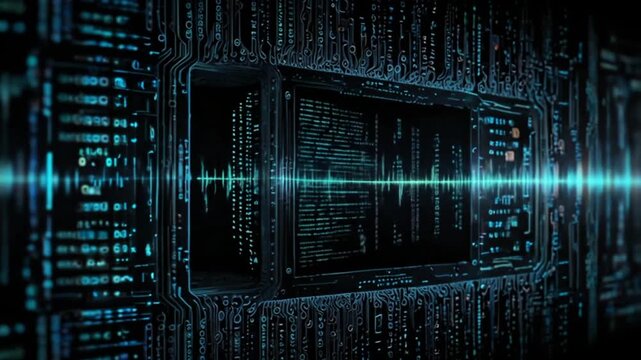 The main focus is on the digital circuit board (PCB) which glows electric blue, complemented by a dynamically moving audio waveform visualization in the center.