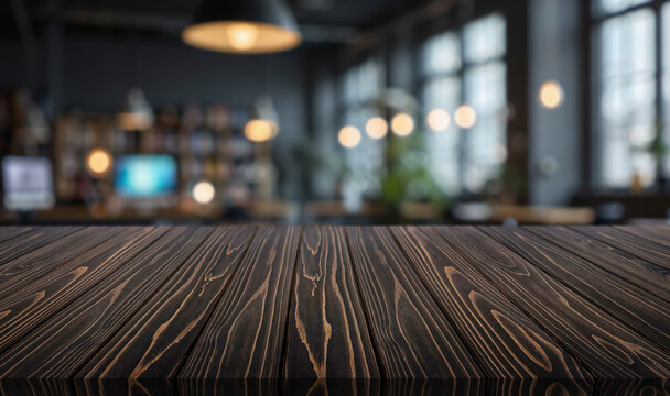 beautiful dark tabletop in the foreground and a blurred background of a cafe interior