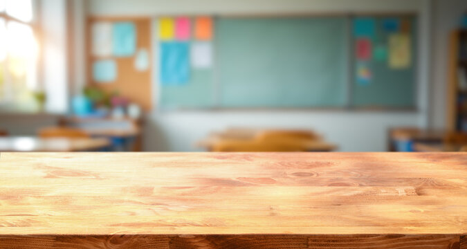 Wooden table top and blur classroom interior with chalk board