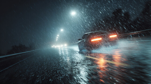 A car speeds through the rain-soaked night, headlights piercing the heavy downpour on a deserted road.
