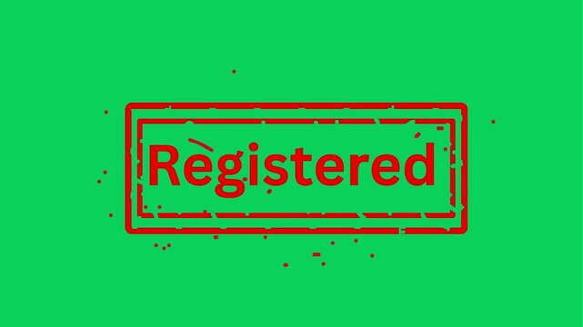Animated 'gister' text with multiple 'Registered' stamps appearing on a green and black background