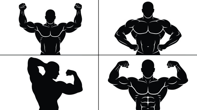 Black silhouette illustrations of muscular bodybuilder in classic posing stances, symbolizing strength, fitness, physique, discipline, lifestyle, and design concepts