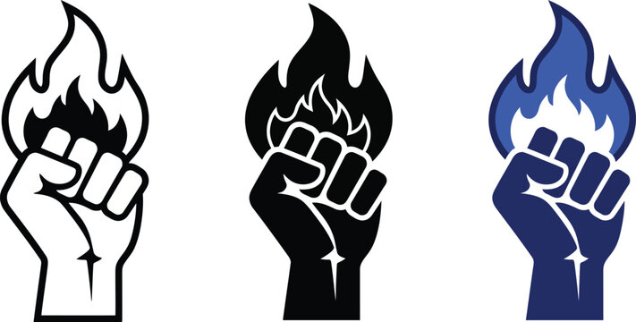 Raised fist with blue flame as symbol of power and revolution.