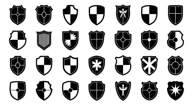 Collection of 30 unique black and white heraldic shield icons with various designs and patterns on a plain white background