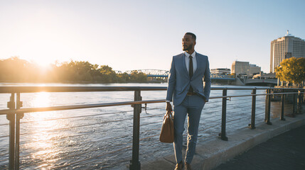 Fototapeta premium A confident businessman strolling by the riverside during sunset, showcasing urban life and professional style.