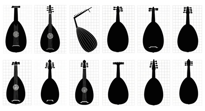 Silhouette of various stringed musical instruments likely lutes or saz in black on a grid background