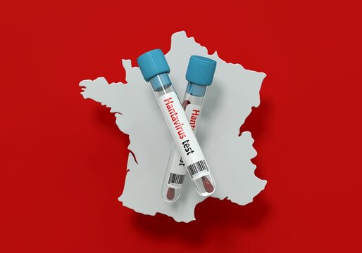 Tubes &agrave; essai pour hantavirus plac&eacute;s devant la carte de France sur fond rouge